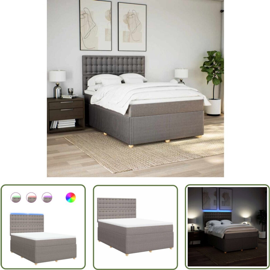 vidaXL Matras - Boxspring - Boxspring met matras stof taupe 160x200 cm - Led Verlichting - Hoofdbord - Pocketvering vidaXL Matras - Boxspring - Boxspring met matras stof taupe 160x200 cm - Led Verlichting - Hoofdbord - Pocketvering afbeelding 1