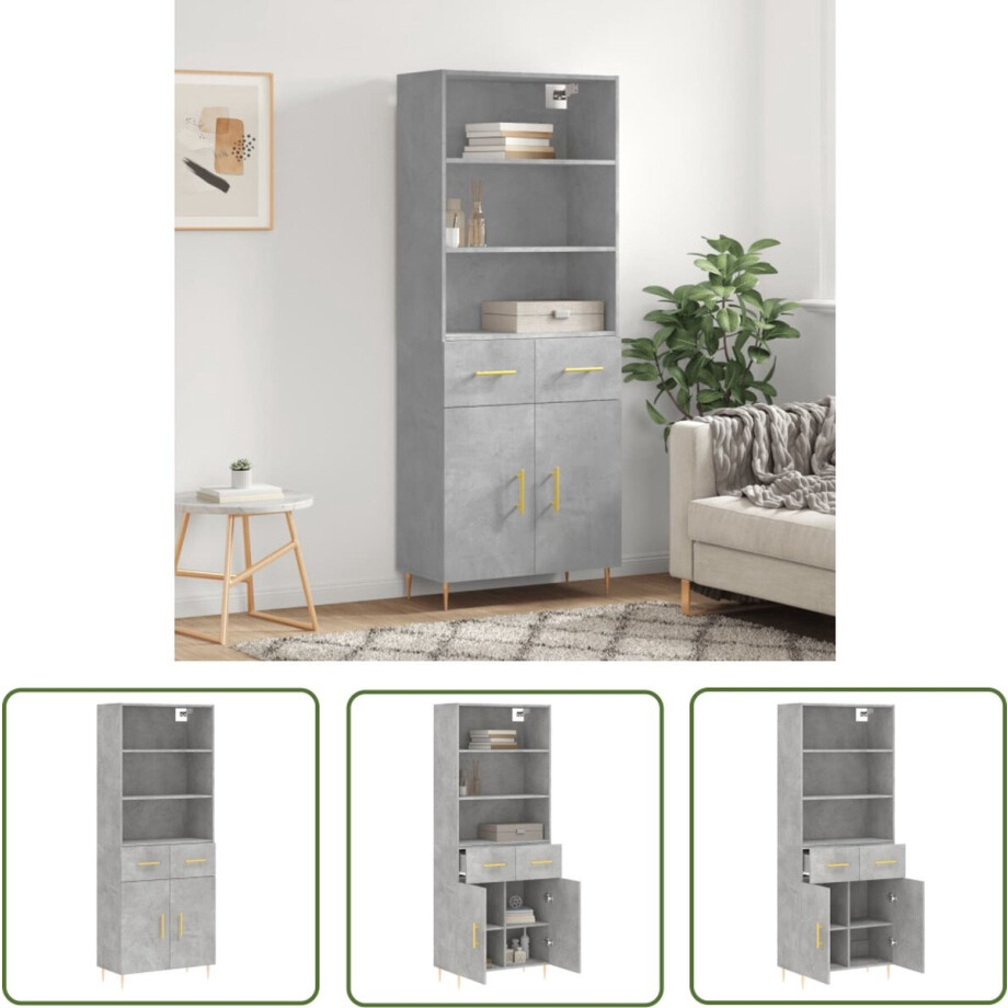 vidaXL Betongrijs - Hoge Kast - Hoge kast 69,5x34x180 cm bewerkt hout betongrijs - Houten Kast - Opslagoplossing - Woonaccessoires afbeelding 1
