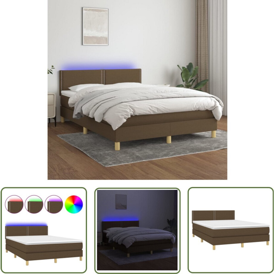 vidaXL Boxspring met matras en LED 140x190 cm Boxspring - Led Lamp - Boxspring Frame - Tweepersoons Bed - Bruine Boxspring afbeelding 1
