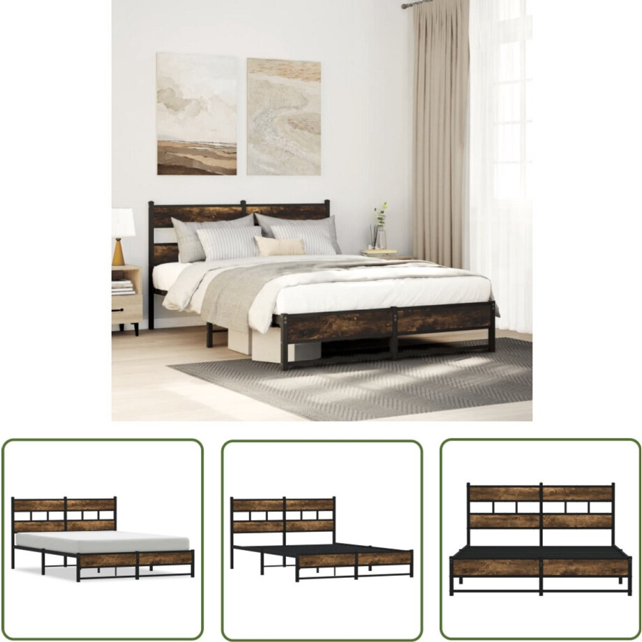 vidaXL Houten Bed - Bedframe - Bedframe zonder matras metaal gerookt eikenkleurig 160x200 cm - Metalen Bed - Boxspring - Slaapkamer Decoratie afbeelding 1