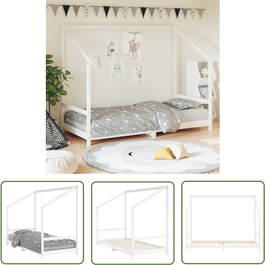 vidaXL - Kinderbedframe - 90x200 - cm - massief - grenenhout - wit vidaXL - Kinderbedframe - 90x200 - cm - massief - grenenhout - wit afbeelding 1