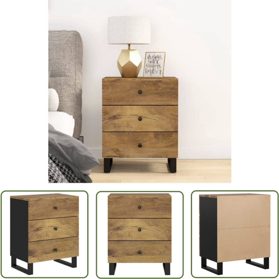 vidaXL Industrieel Design - Nachtkastje - Nachtkastje 50x33x62 cm massief mangohout en bewerkt hout - Mangohout - Houten Lade - Slaapkamers afbeelding 1
