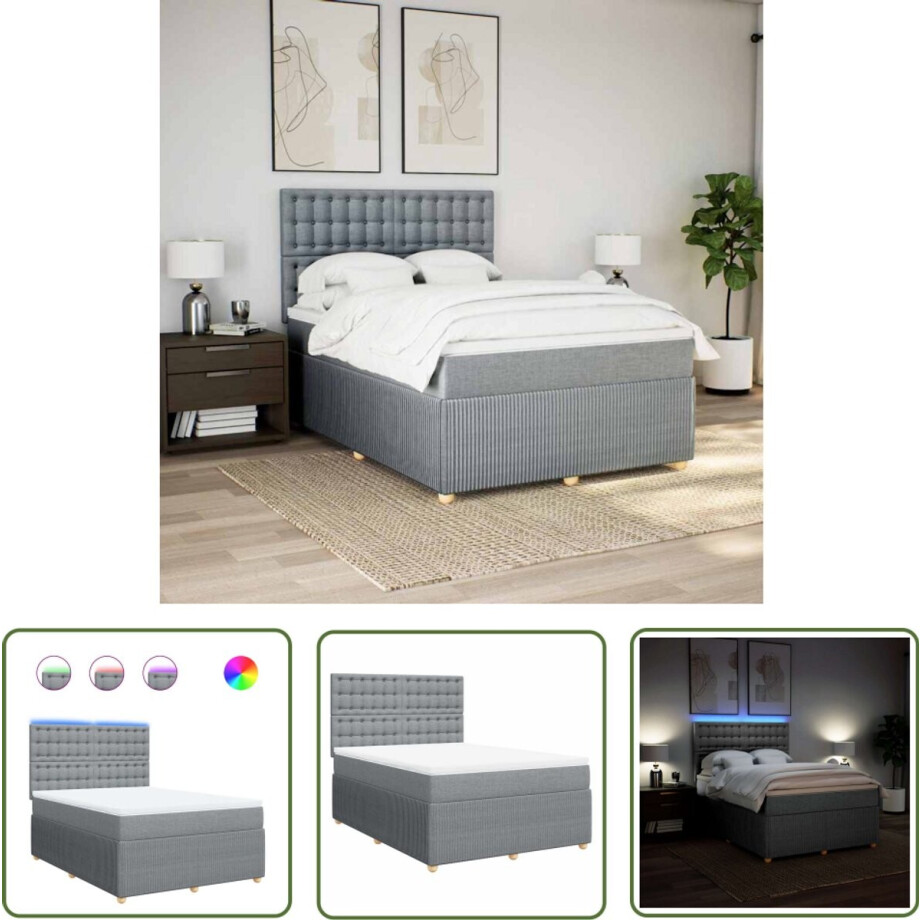vidaXL Boxspringbed - Boxspring - Boxspring met matras stof lichtgrijs 160x200 cm - Matras - Led Verlichting - Hoofdbord afbeelding 1