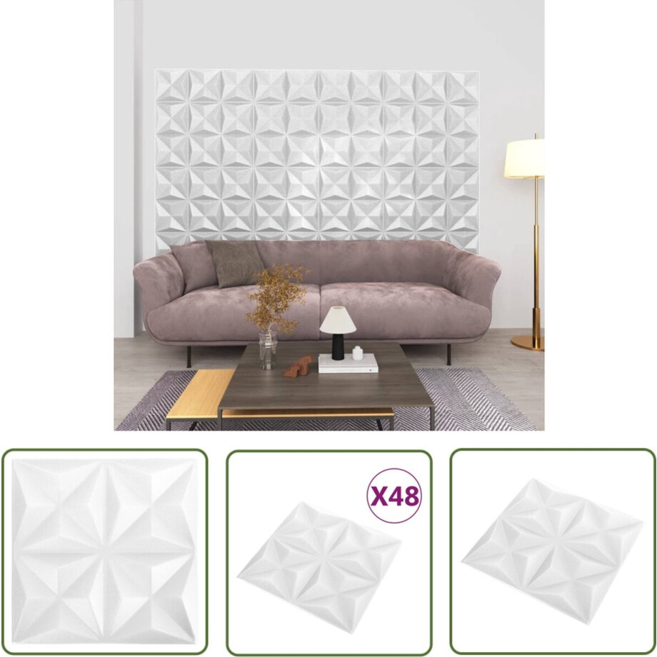vidaXL Wandbekleding - 3D Wandpanelen - 48 st Wandpanelen 3D origami 12 m² 50x50 cm wit - Kunststof Wandpanelen - Witte Wandpanelen - Decoratieve Wandpanelen afbeelding 1