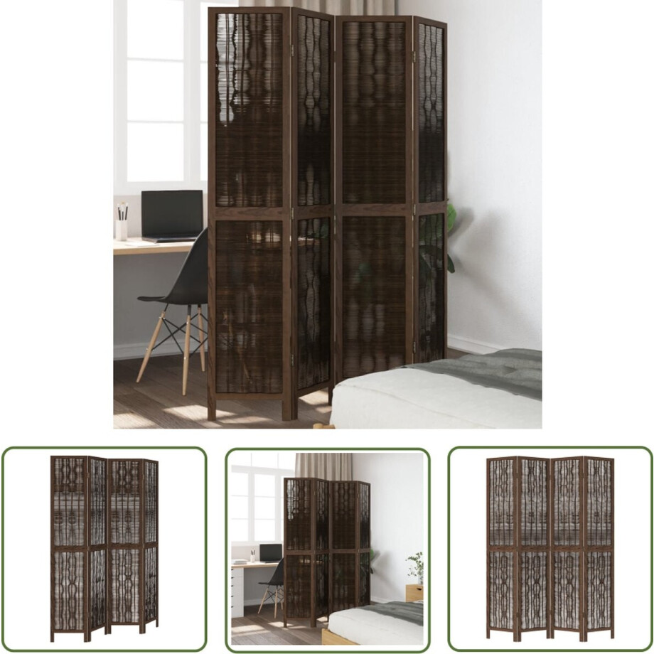 vidaXL Privacy Scherm - Kamerscherm - Kamerscherm met 4 panelen massief paulowniahout donkerbruin - Scheiding Wand - Houten Kamersscherm - Paulownia Hout vidaXL Privacy Scherm - Kamerscherm - Kamerscherm met 4 panelen massief paulowniahout donkerbruin - Scheiding Wand - Houten Kamersscherm - Paulownia Hout afbeelding 1