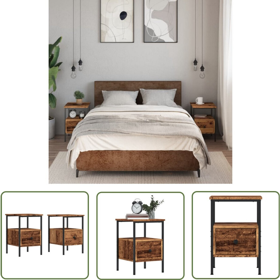 vidaXL Kastje - Nachtkastje - Nachtkastjes 2 st 34x36x50 cm bewerkt hout oud houtkleurig - Houten Nachtlamp - Vintage Meubel - Slaapkamerdecoratie afbeelding 1