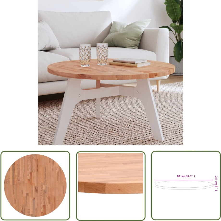 vidaXL Houten Tafelblad - Tafelblad - Tafelblad rond Ø80x2,5 cm massief beukenhout - Beukenhouten Tafelblad - Ronde Tafelblad - Salontafel Blad vidaXL Houten Tafelblad - Tafelblad - Tafelblad rond Ø80x2,5 cm massief beukenhout - Beukenhouten Tafelblad - Ronde Tafelblad - Salontafel Blad afbeelding 1