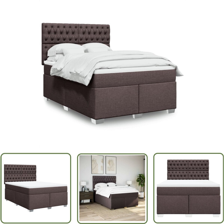 vidaXL Matras - Boxspring - Boxspring met matras stof donkerbruin 140x200 cm - Bed Frame - Hoofdbord - Pocketvering afbeelding 1