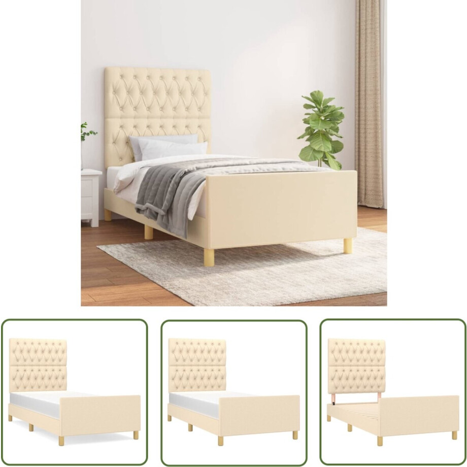 vidaXL Houten Bed - Bed Frame - Bedframe zonder matras 100x200 cm stof crèmekleurig - Creme Bed - Tweepersoons Bed - Boxspring Bed afbeelding 1