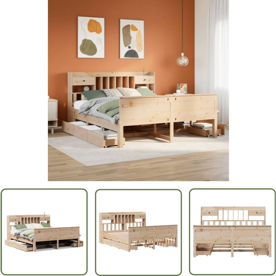 vidaXL Houten Bed - Bed - Bed met boekenkast zonder matras massief grenenhout 180x200 cm - Bed Met Kast - Bibliotheekbed - Slaapkamerdecoratie afbeelding 1
