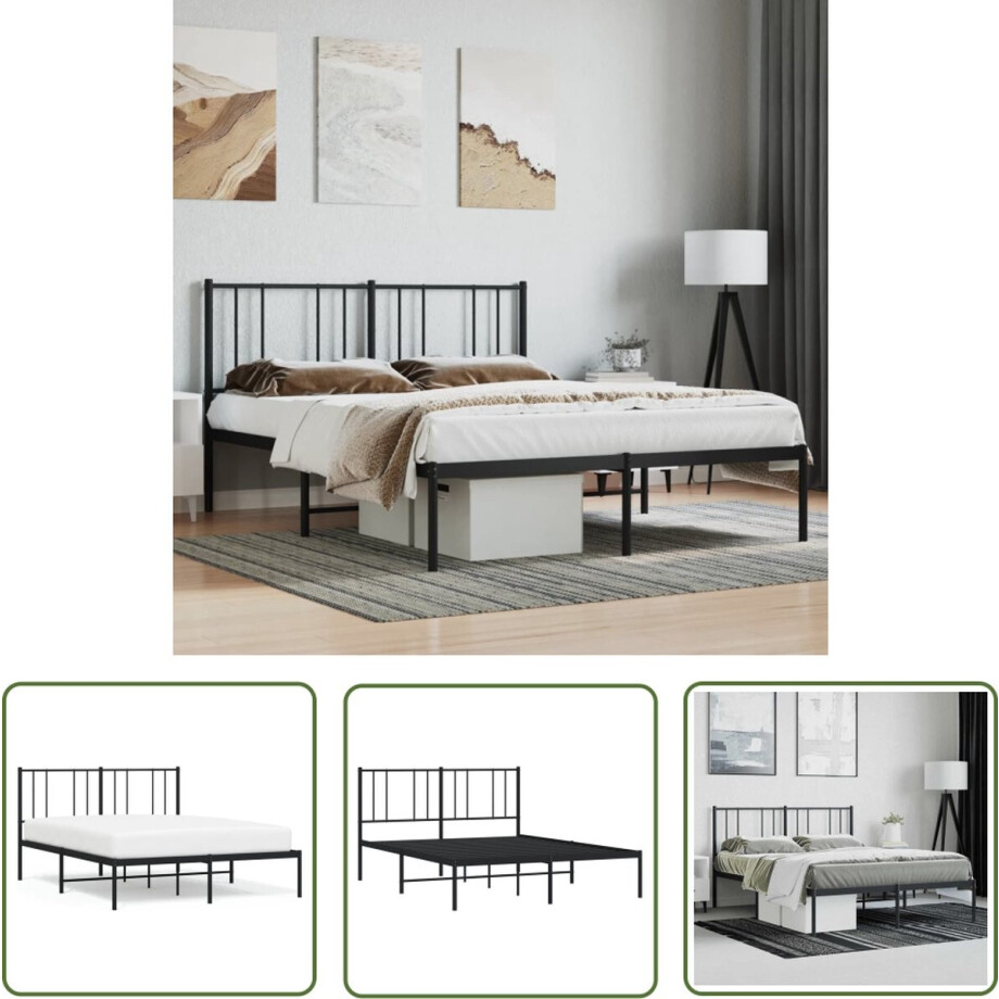 vidaXL Klassiek Bed - Metalen Bed Frame - Bedframe met hoofdbord metaal zwart 150x200 cm - Zwart Bed - Boxspring Bed - Slaapcomfort afbeelding 1