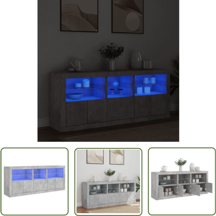 vidaXL Kast - Dressoir - Dressoir met LED-verlichting 162x37x67 cm betongrijs - Led Verlichting - Beton Grijs - Houten Dressoir afbeelding 1