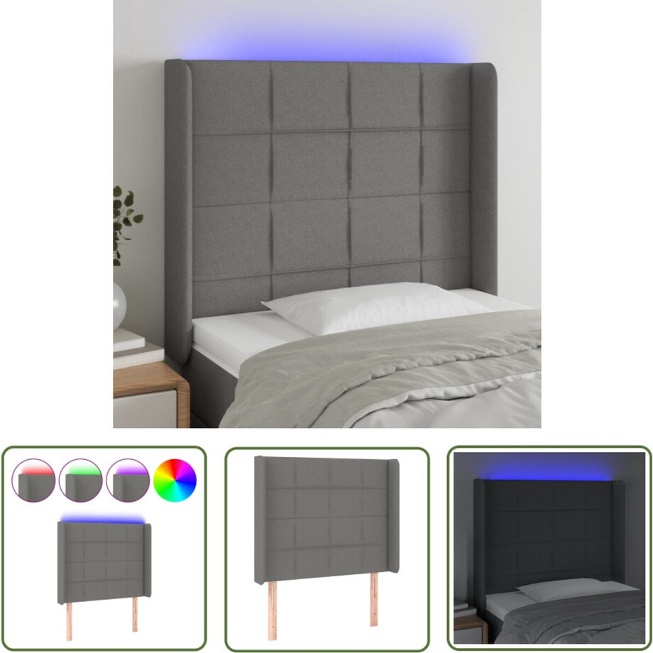vidaXL Hoofdbord Grijs - Hoofd Bord Led - Hoofdbord LED 83x16x118/128 cm stof donkergrijs - Hoofdbord Met Led - Slaapkamers Decoratie - Comfortabel Hoofdbord afbeelding 1