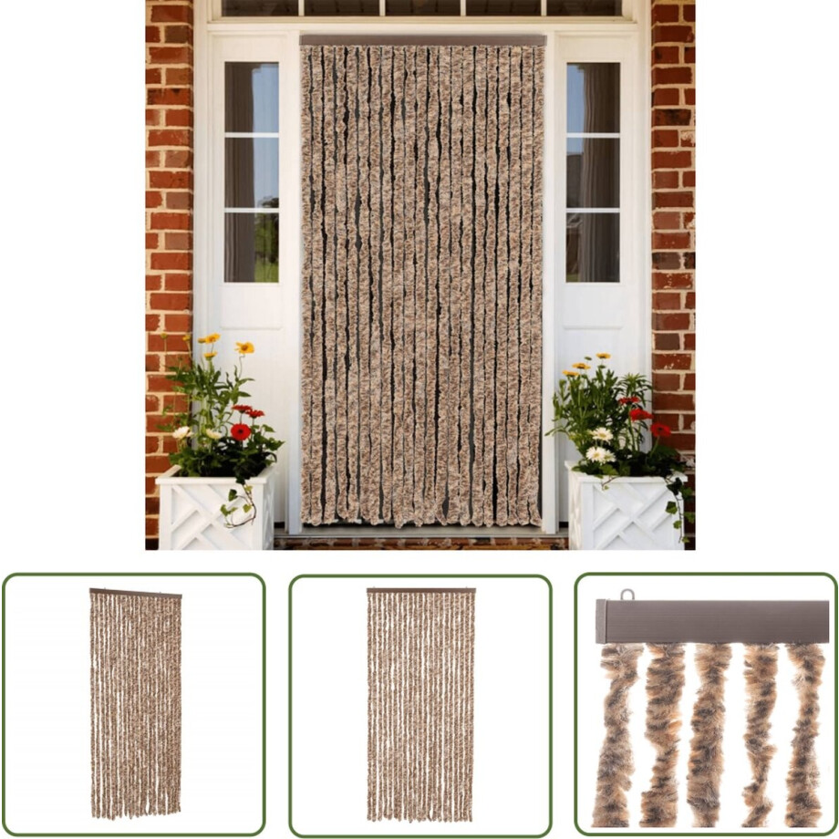 vidaXL Raamdecoratie - Vliegengordijn - Vliegengordijn 90x220 cm chenille beige en donkerbruin - Deurgordijn - Insectennet - Chenille afbeelding 1