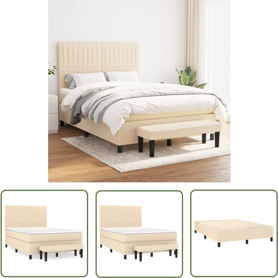 vidaXL Slaapcomfort - Boxspringbed - Boxspring met matras stof crèmekleurig 140x190 cm - Pocketveermatras - Hoofdbord - Crèmekleurig afbeelding 1
