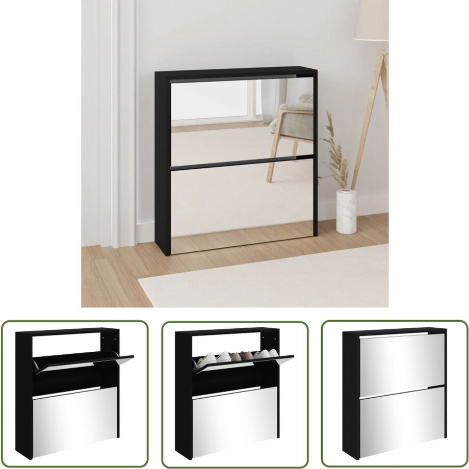 vidaXL Kasten Voor Schoenen - Schoenenkast - Schoenenkast met spiegel 2-laags 63x17x67 cm zwart - Houten Schoenenkast - Zwarte Schoenenkast - Schoenen Organizer afbeelding 1