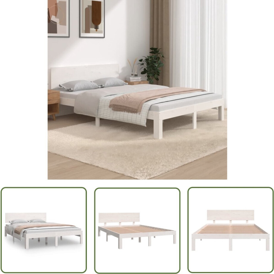 vidaXL Houten Bed - Modern Bedframe - Bedframe massief hout wit 150x200 cm - Massief Grenenhout Bed - King Size Bed - Bed Met Hoofdbord afbeelding 1