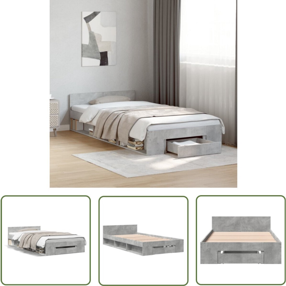 vidaXL Houten Bed - Bed Frame - Bedframe met lade bewerkt hout betongrijs 90x190 cm - Betonnen Grijs Bed - Slaapkamerinrichting - Compact Bed afbeelding 1