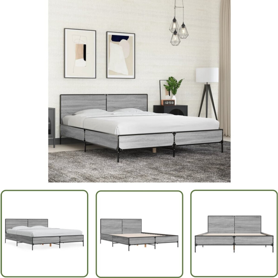 vidaXL Houten Bed - Bed Frame - Bedframe bewerkt hout metaal grijs sonoma eiken 160x200 cm - Grijze Bed - Tweepersoonsbed - Boxspring Bed vidaXL Houten Bed - Bed Frame - Bedframe bewerkt hout metaal grijs sonoma eiken 160x200 cm - Grijze Bed - Tweepersoonsbed - Boxspring Bed afbeelding 1