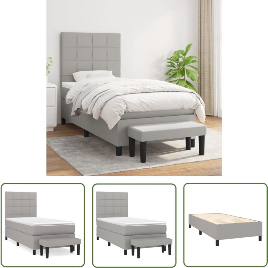 vidaXL Slaapcomfort - Boxspringbed - Boxspring met matras stof lichtgrijs 100x200 cm - Boxspring - Tweepersoonsbed - Grijs Bed afbeelding 1