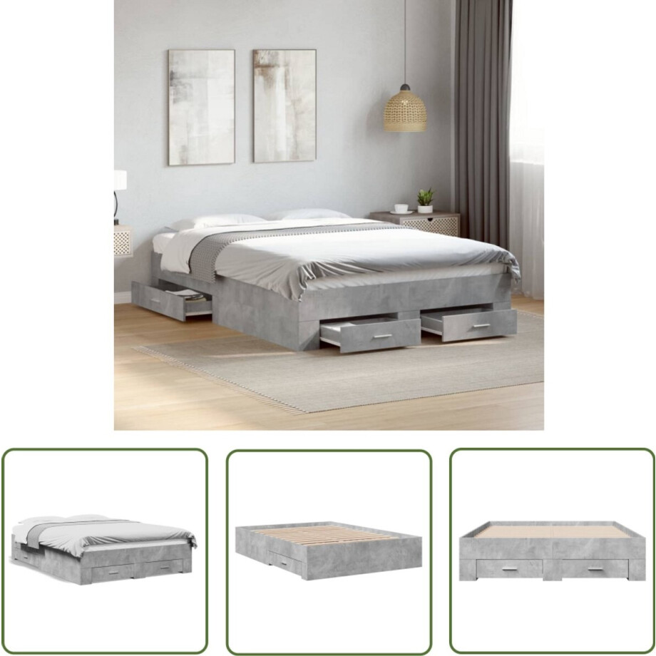 vidaXL Bed Frame - Slaapkamers - Bedframe met lades bewerkt hout betongrijs 120x190 cm - Houten Bed - Beton Grijs - Tweepersoonsbed afbeelding 1