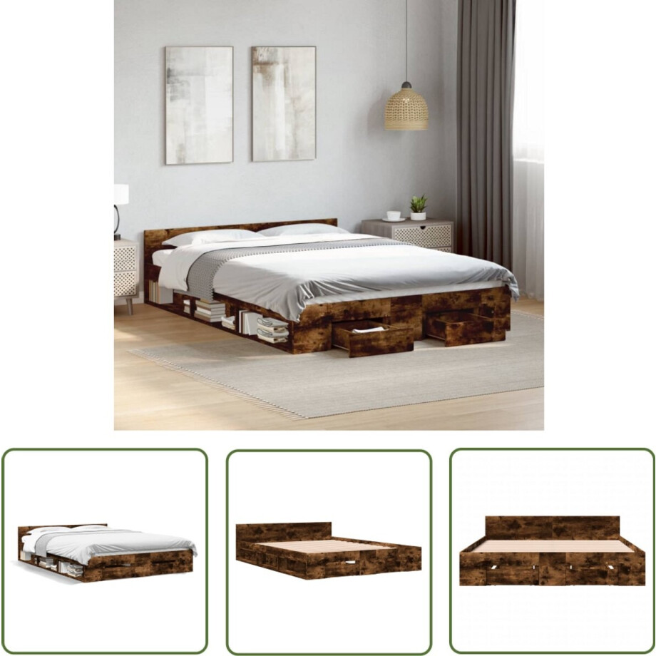vidaXL Houten Bed - Bed Frame - Bedframe met lades bewerkt hout gerookt eikenkleurig 135x190 cm - Bruine Bed - Tweepersoons Bed - Boxspring Bed vidaXL Houten Bed - Bed Frame - Bedframe met lades bewerkt hout gerookt eikenkleurig 135x190 cm - Bruine Bed - Tweepersoons Bed - Boxspring Bed afbeelding 1