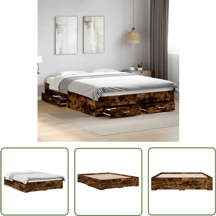 vidaXL Bed Frame - Slaapkamers - Bedframe met lades bewerkt hout gerookt eikenkleurig 140x200 cm - Houten Bed - Bruine Bed - Boxspring afbeelding 1