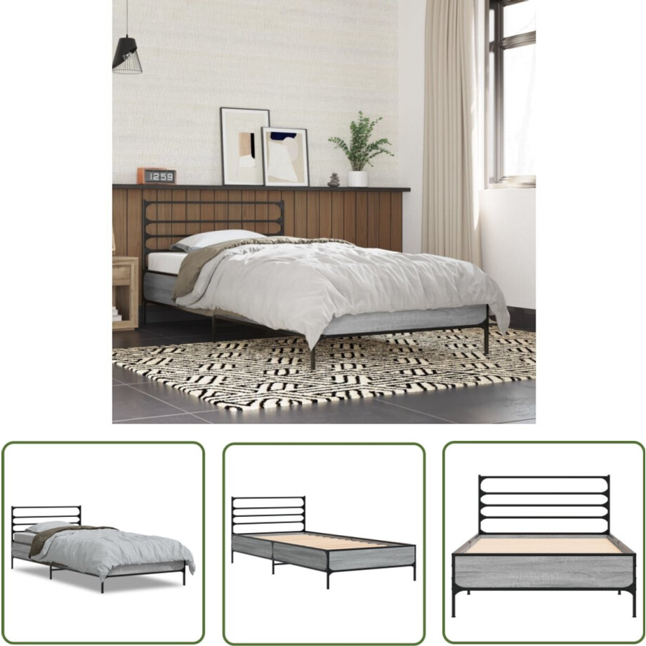 vidaXL Houten Bed - Bed Frame - Bedframe bewerkt hout en metaal grijs sonoma eiken 90x200 cm - Enkel Bed - Grijze Bed - Minimalistisch Bed vidaXL Houten Bed - Bed Frame - Bedframe bewerkt hout en metaal grijs sonoma eiken 90x200 cm - Enkel Bed - Grijze Bed - Minimalistisch Bed afbeelding 1