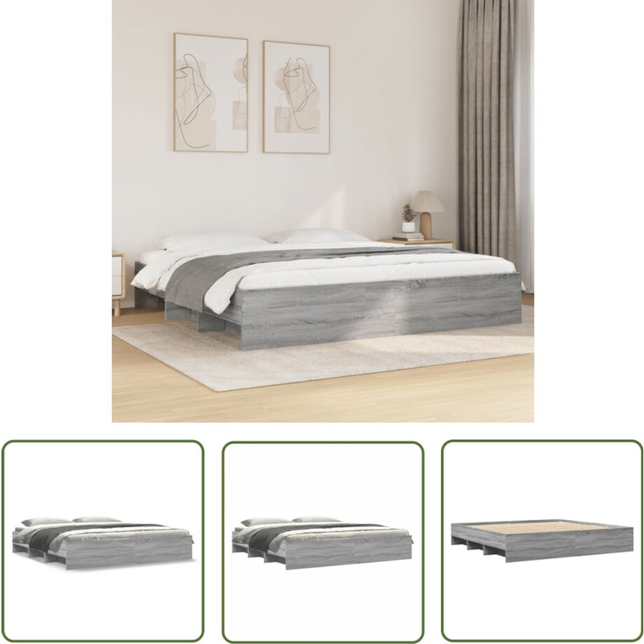 vidaXL Houten Bed - Bed Frame - Bedframe bewerkt hout grijs sonoma eikenkleurig 200x200 cm - Slaapkamers - Bedroom Furniture - Grijze Bed afbeelding 1