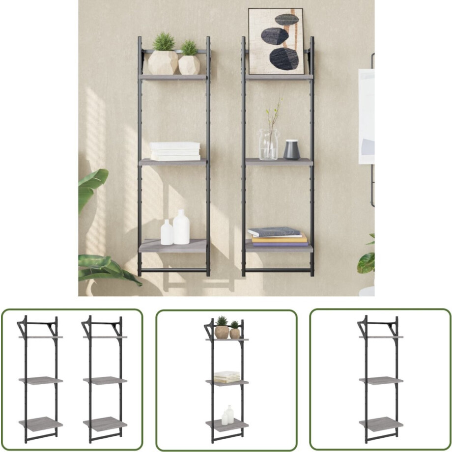 vidaXL Houten Wandplank - Wanddecoratie - Wandschappen 3-laags met stangen 2 st 30x25x100 cm grijs sonoma - Grijze Wandkast - Opslagmogelijkheid - Minimalistisch Design afbeelding 1