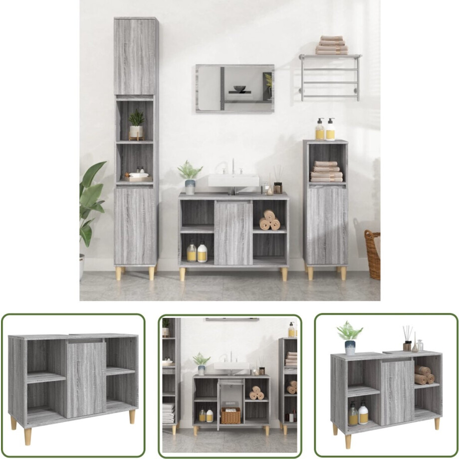 vidaXL Badkamerspiegel - Wastafelkast - Wastafelkast 80x33x60 cm bewerkt hout grijs sonoma eikenkleurig - Badkamerinrichting - Grijze Wastafelkast - Houten Wastafelkast afbeelding 1