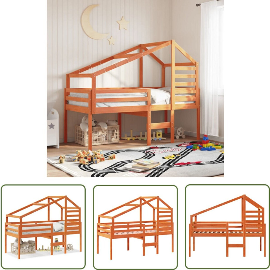 vidaXL Bedhuis - Hooghslaper - Hoogslaper met bedhuis massief grenenhout wasbruin 80x200 cm - Grenenhout - Kidsbed - Kinderbed afbeelding 1