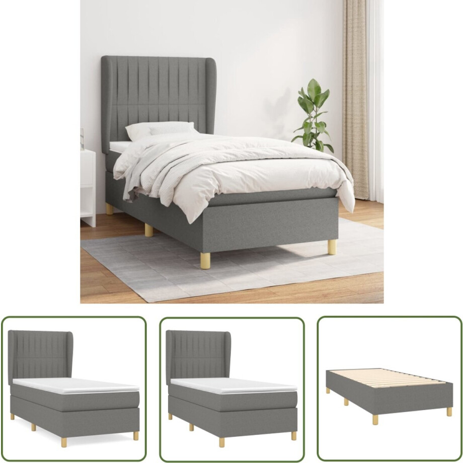 vidaXL Slaapcomfort - Boxspringbed - Boxspring met matras stof donkergrijs 90x200 cm - Pocketveermatras - Verstelbare Hoofdbord - Duurzame Materialen afbeelding 1