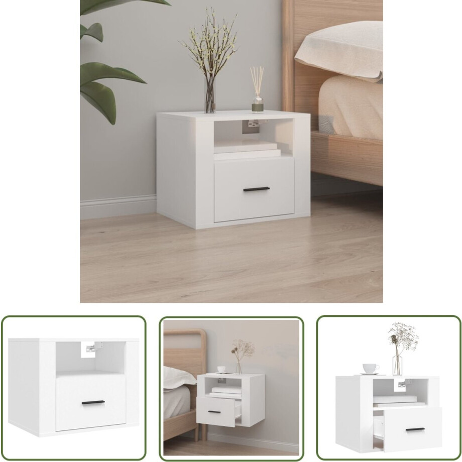 vidaXL Nachtkastje - Wandkast - Nachtkastje wandgemonteerd 50x36x40 cm wit - Meubilair Slaapkamer - Houten Kast - Wit Kastje afbeelding 1
