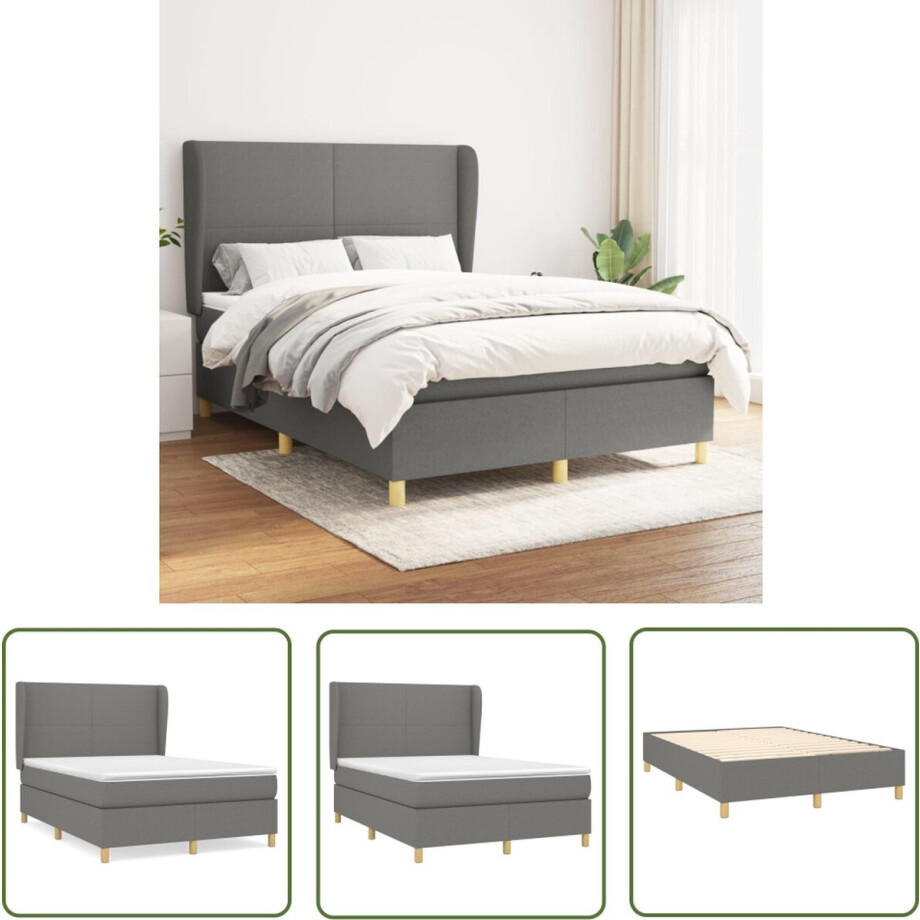 vidaXL Pocketvering - Boxspringbed - Boxspring met matras stof donkergrijs 140x190 cm - Donkere Kleuren - Tweepersoonsbed - Houten Bedframe afbeelding 1