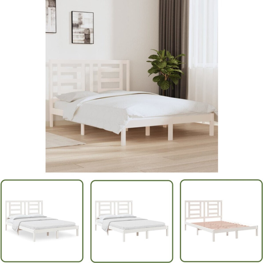 vidaXL Kingsize Bed - Houten Bedframe - Bedframe zonder matras massief grenenhout wit 140x190 cm - Grenenhout Bed - Wit Bed - Modern Bed afbeelding 1