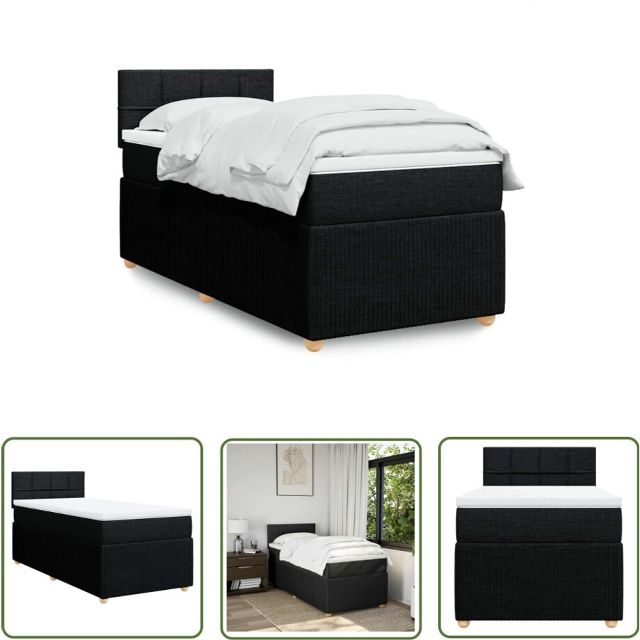vidaXL Matras - Boxspring - Boxspring met matras stof zwart 100x200 cm - Slaapcomfort - Pocketvering - Frame afbeelding 1