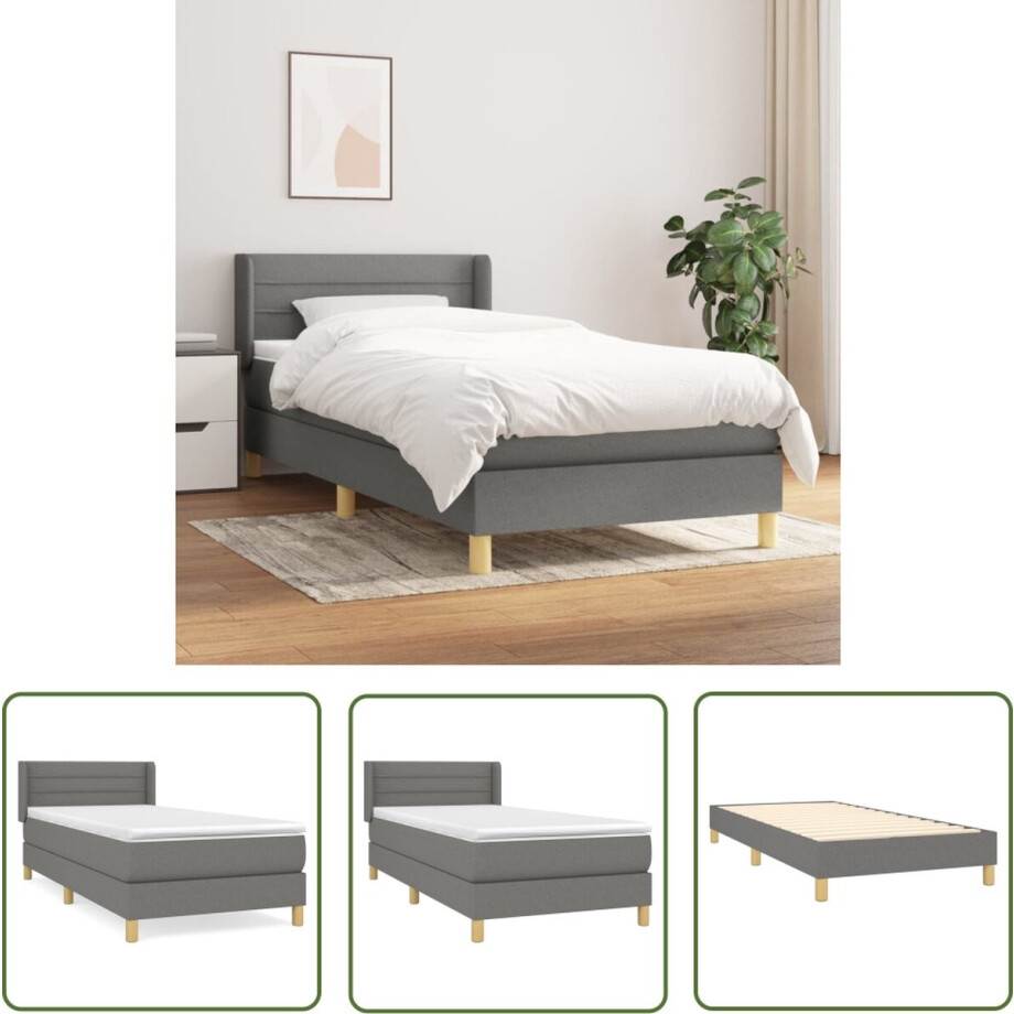 vidaXL Pocketvering - Boxspringbed - Boxspring met matras stof donkergrijs 100x200 cm - Middelhard - Tweepersoonsbed - Grijs Bed afbeelding 1