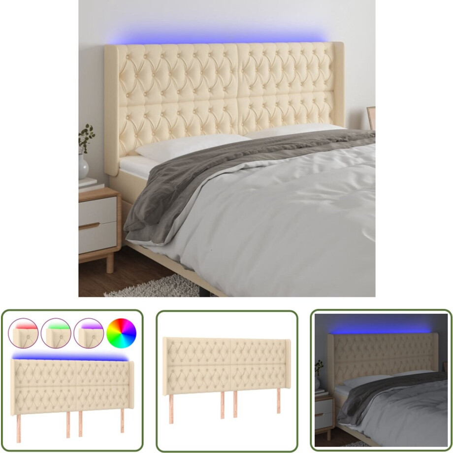 vidaXL Led Hoofdbord - Hoofd Bord - Hoofdbord LED 203x16x118/128 cm stof crèmekleurig - Creme Hoofdbord - Hoofdbord Met Verlichting - Comfortabel Hoofdbord afbeelding 1