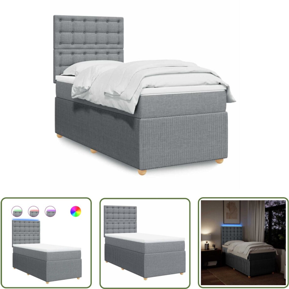 vidaXL Boxspringbed - Boxspring - Boxspring met matras stof lichtgrijs 80x200 cm - Led Verlichting - Pocketveringmatras - Hoofdbord vidaXL Boxspringbed - Boxspring - Boxspring met matras stof lichtgrijs 80x200 cm - Led Verlichting - Pocketveringmatras - Hoofdbord afbeelding 1
