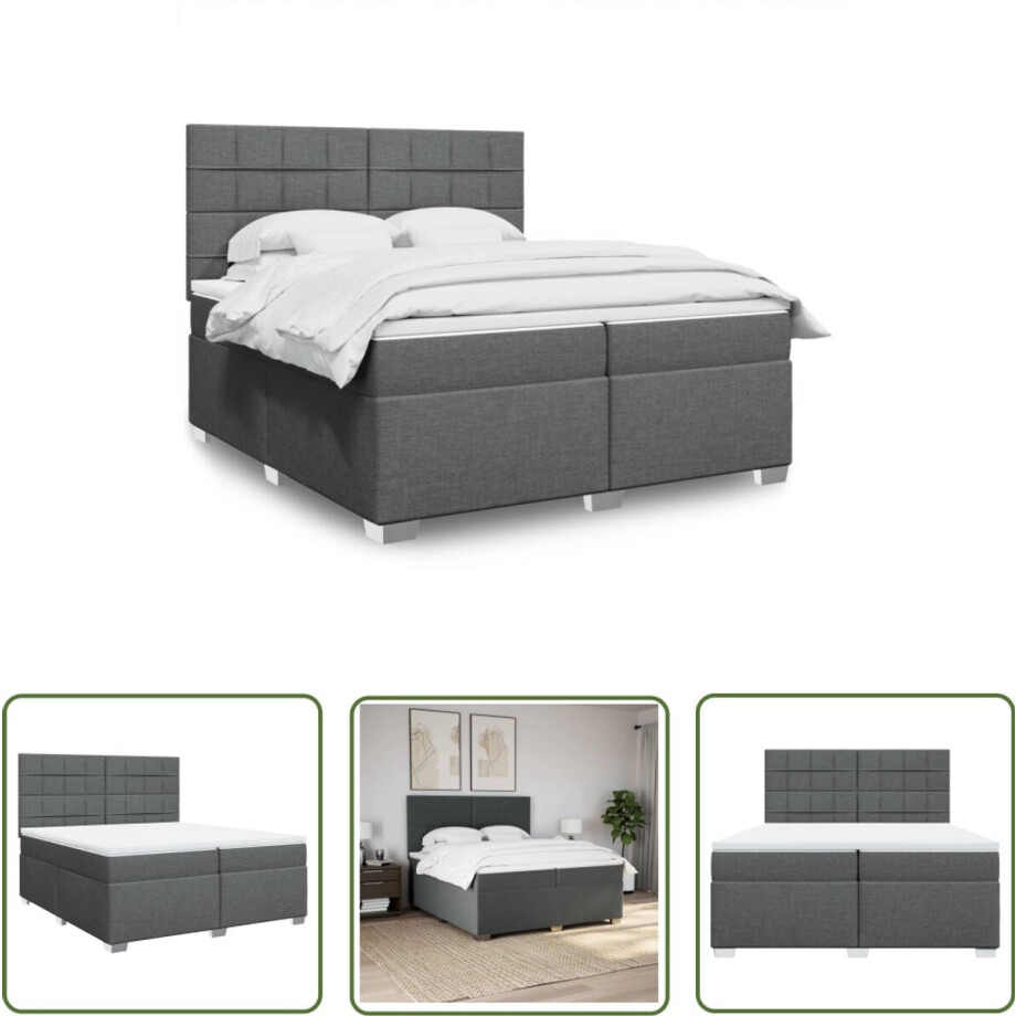 vidaXL Boxspring Bed - Boxspring - Boxspring met matras stof donkergrijs 200x200 cm - Slaapcomfort - Nacht Rust - Donkere Kleuren afbeelding 1