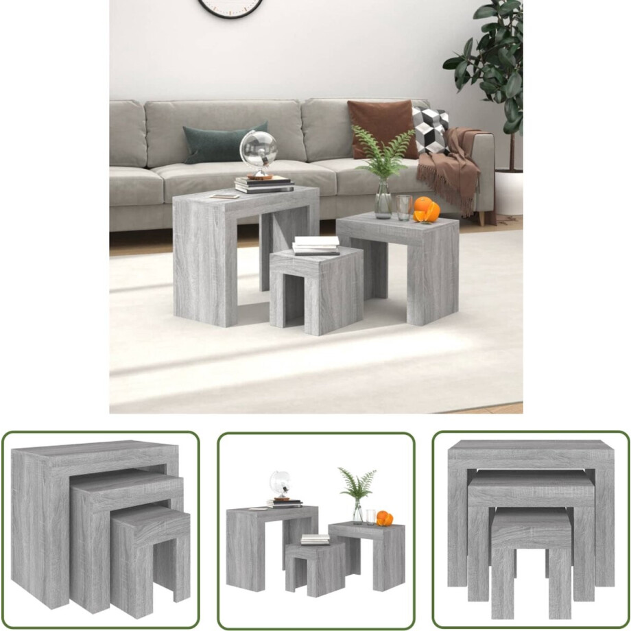 vidaXL Salontafel - Tafelset - 3-delige Tafeltjesset bewerkt hout grijs sonoma - Bijzettafel - Houten Meubels - Grijze Meubels afbeelding 1