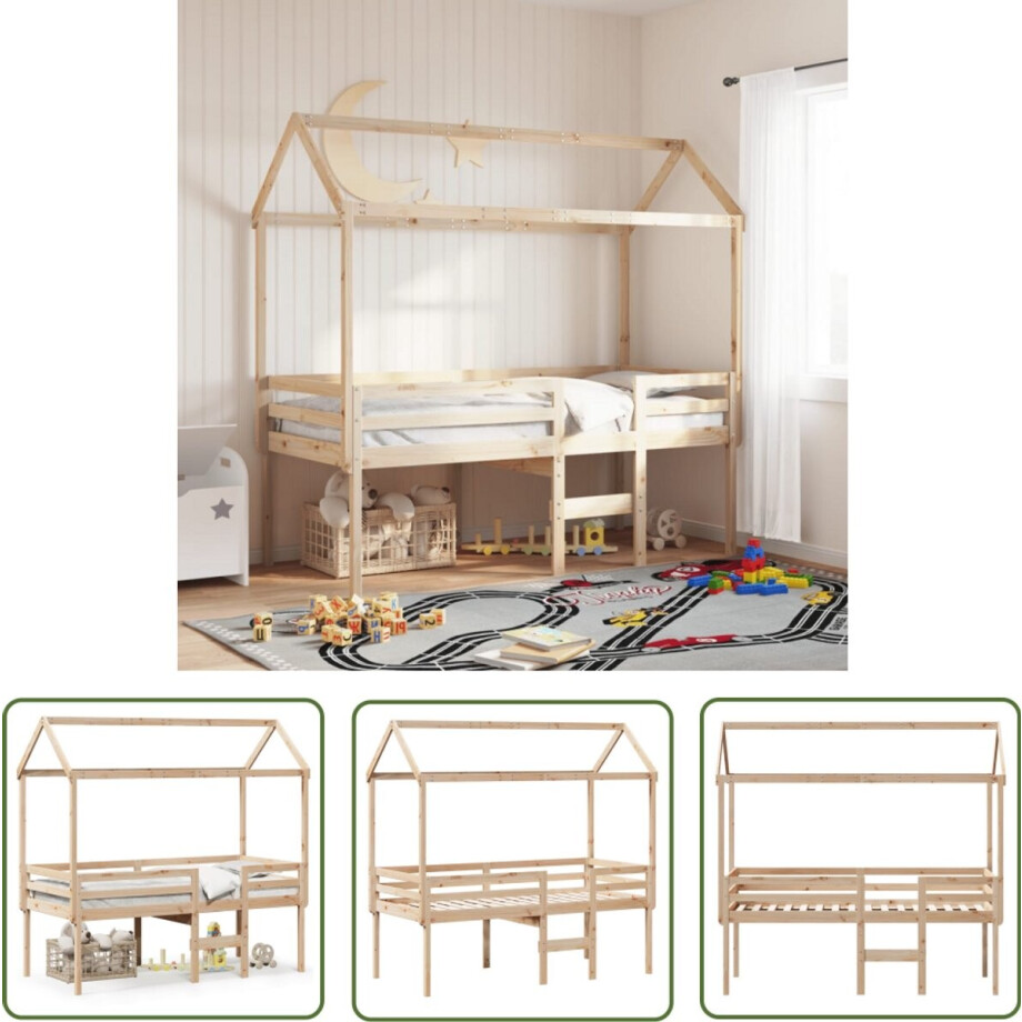 vidaXL Kinderbed - Hoogslaper - Hoogslaper met dak massief grenenhout 90x190 cm - Houten Bed - Grenenhout Bed - Kids Kamer afbeelding 1