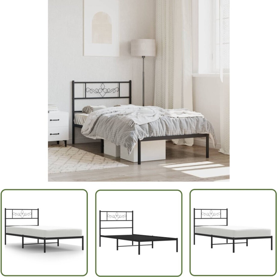vidaXL Metalen Bedframe - Robuust Bed Frame - Bedframe met hoofdbord metaal zwart 90x190 cm - Staal Bedframe - Klassiek Bedframe - Zwart Bedframe vidaXL Metalen Bedframe - Robuust Bed Frame - Bedframe met hoofdbord metaal zwart 90x190 cm - Staal Bedframe - Klassiek Bedframe - Zwart Bedframe afbeelding 1