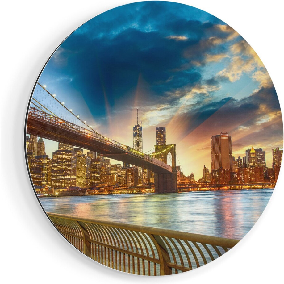Artaza Dibond Muurcirkel New York Brooklyn Brug  - Ø 50 cm - Klein - Wandcirkel - Rond Schilderij - Voor Binnen en Buiten afbeelding 1