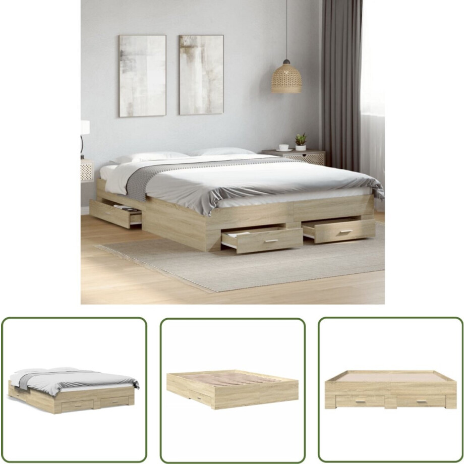 vidaXL Houten Bed - Bed Frame - Bedframe met lades bewerkt hout sonoma eikenkleurig 160x200 cm - Bed Met Lade - Sonoma Eiken - Tweepersoonsbed vidaXL Houten Bed - Bed Frame - Bedframe met lades bewerkt hout sonoma eikenkleurig 160x200 cm - Bed Met Lade - Sonoma Eiken - Tweepersoonsbed afbeelding 1