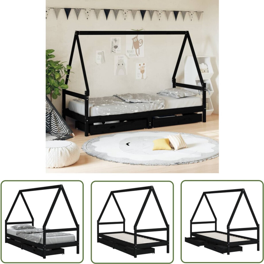 vidaXL Houten Bed - Kinderbed - Kinderbedframe met lades 90x200 cm massief grenenhout zwart - Peuterbed - Kids Bed - Grenenhouten Bed vidaXL Houten Bed - Kinderbed - Kinderbedframe met lades 90x200 cm massief grenenhout zwart - Peuterbed - Kids Bed - Grenenhouten Bed afbeelding 1