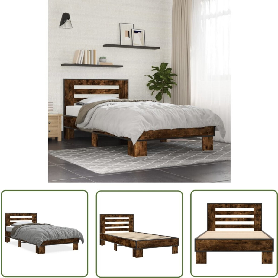 vidaXL Houten Bed - Bedframe - Bedframe bewerkt hout en metaal gerookt eikenkleurig 90x190 cm - Bruine Bed - Enkelpersoonsbed - Tweepersoonsbed afbeelding 1