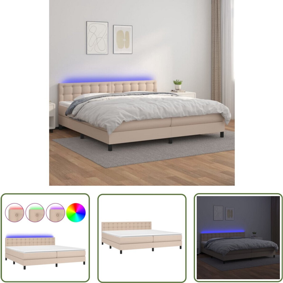 vidaXL Boxspring - 200x200 cm - LED - Cappuccino Boxspring Bed - Led Verlichting - Kunstleder - Verstelbare Hoofdbord - Pocketveer Matras afbeelding 1