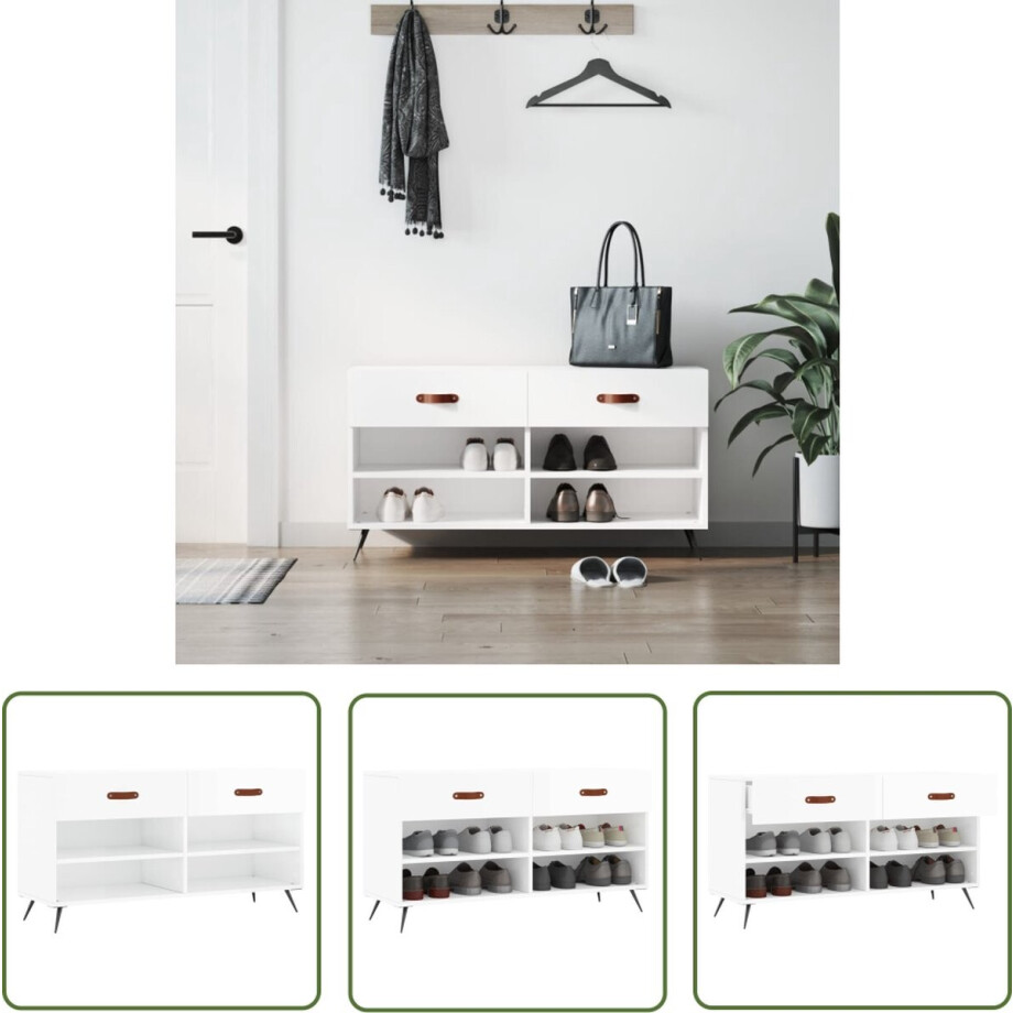 vidaXL Schoenuitlegger - Schoenenbank - Schoenenbank 102x35x55 cm bewerkt hout hoogglans wit - Bergruimte - Houten Schoenenkast - Industrieel Design vidaXL Schoenuitlegger - Schoenenbank - Schoenenbank 102x35x55 cm bewerkt hout hoogglans wit - Bergruimte - Houten Schoenenkast - Industrieel Design afbeelding 1